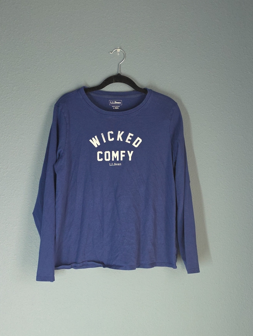 L.L. Bean Long Sleeve Tee in Blue with White "Wicked Comfy" Print #A45